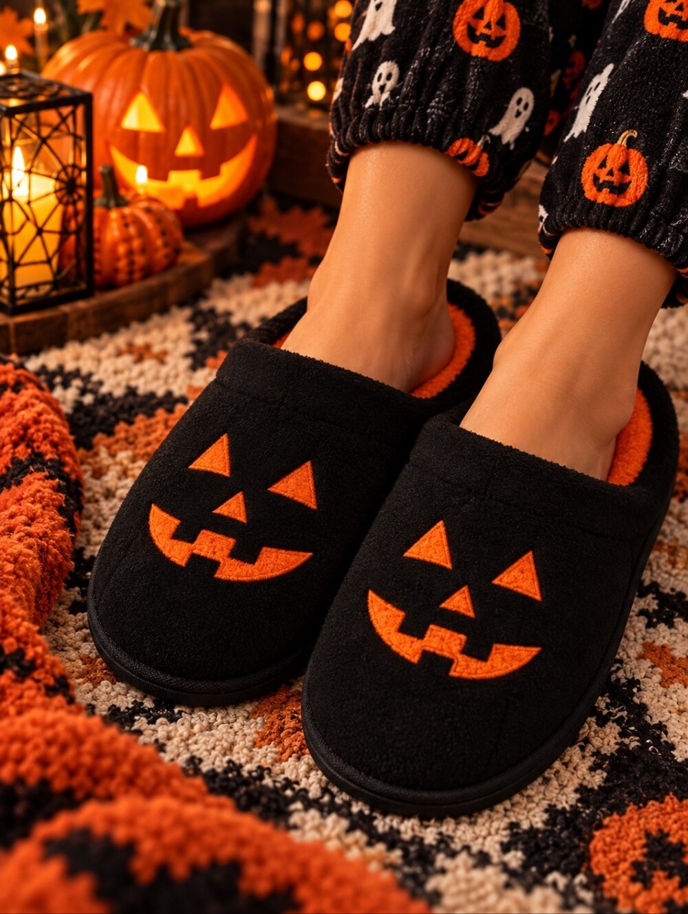 NWT Dluxe by Dearfoams Adult Halloween Jack o Lantern Pumpkin Slippers Women 5-6